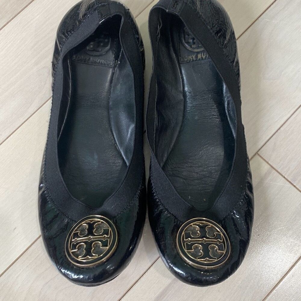 Tory Burch Women's Patent Leather Caroline Elastic Ballet Flats Black Size 7.5